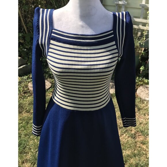 Vtg 60s 70s Giamo Knits Mod Navy Blue Striped Knit Maxi Sailor Sweater Dress USA - Picture 6 of 16